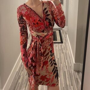 Fuzzi pink floral print mesh scarf wrap dress
